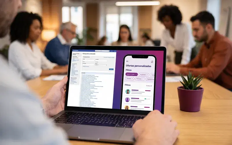 Comparativa visual de interfaces de plataformas de empleo mostrando filtros de búsqueda, perfiles de candidatos y ofertas de trabajo